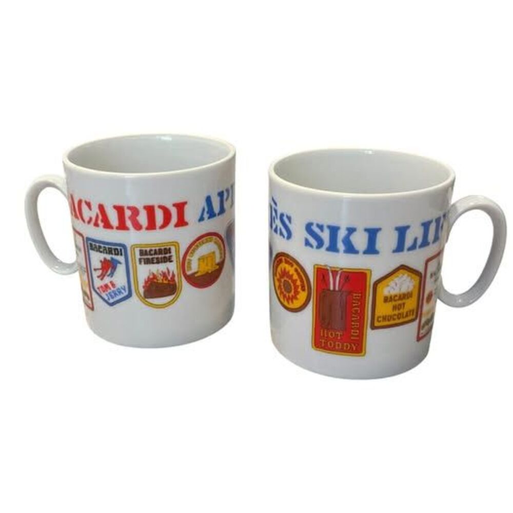 1970s Bacardi Rum Mugs Ski Lift  Vintage Set of 2 Snowboard Barware
